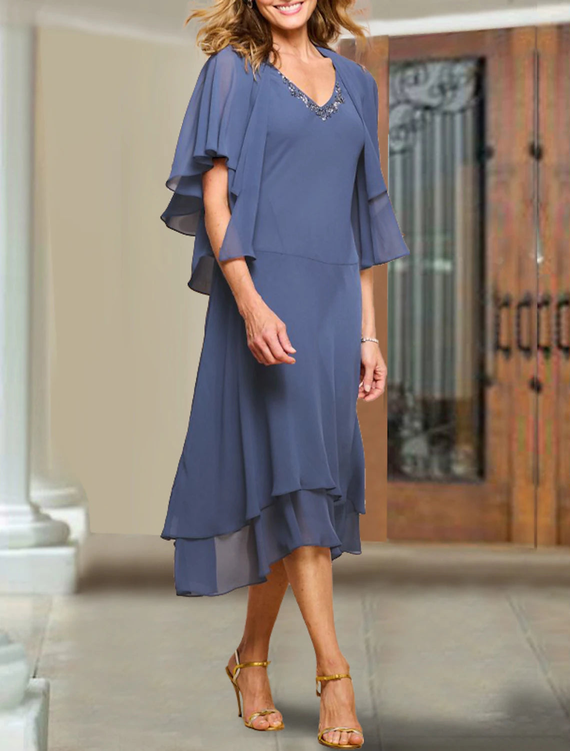 Two Piece Mother of the Bride Dress Wedding Guest V Neck Tea Length Chiffon Short Jacket Dresses with Beading Ruffles Satin Jacket Silk Jacket Chiffon Jacket Two Piece Mother of the Bride Dress Wedding Guest V Neck Tea Length Chiffon Short Jacket Dresses with Beading Ruffles Satin Jacket Silk Jacket Chiffon Jacket