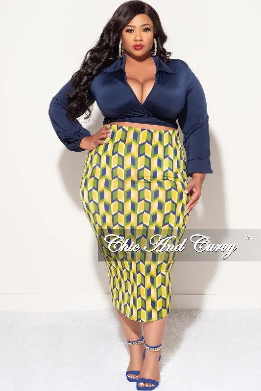 Final Sale Plus Size 2pc Long Sleeve Faux Wrap Collar Navy Crop Tie Top and Skirt Set in Yellow Multi Color Print slim fit skirt Final Sale Plus Size 2pc Long Sleeve Faux Wrap Collar Navy Crop Tie Top and Skirt Set in Yellow Multi Color Print slim fit skirt