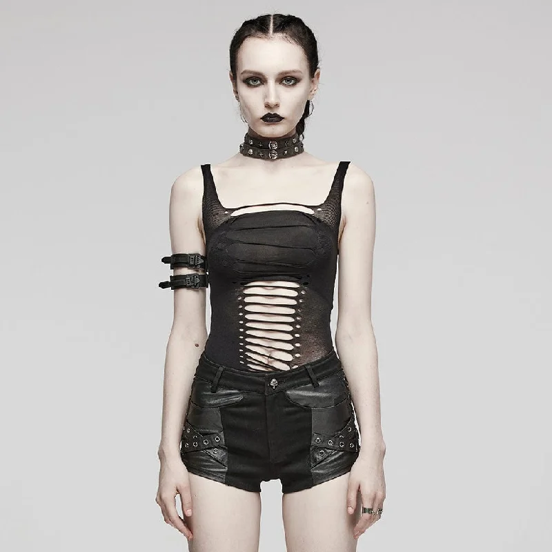 Women's Punk Spaghetti Straps Ripped Tank Top sheer tank top