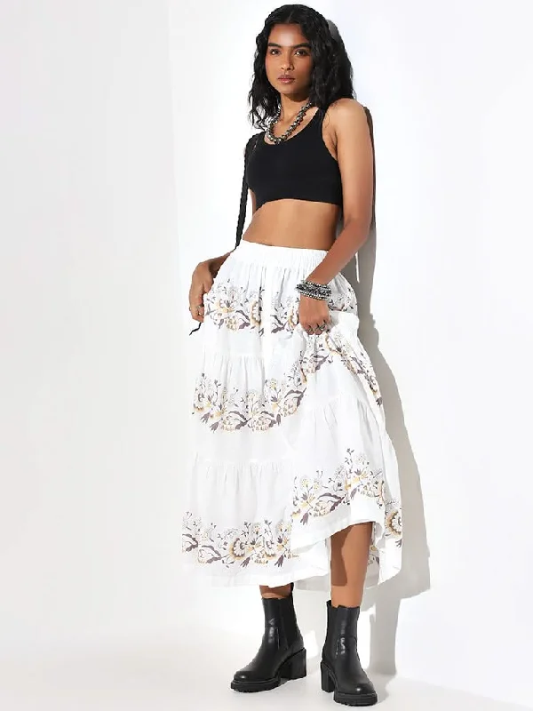 Bombay Paisley White A-Line Printed Cotton Tiered Skirt linen skirt airy