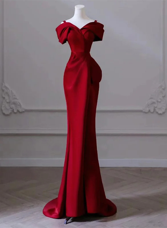Wine Red Satin Mermaid Long Straps Long Party Dress, Wine Red Off Shoulder Prom Dress Tunics Recommended stylist Wine Red Satin Mermaid Long Straps Long Party Dress, Wine Red Off Shoulder Prom Dress Tunics Recommended stylist