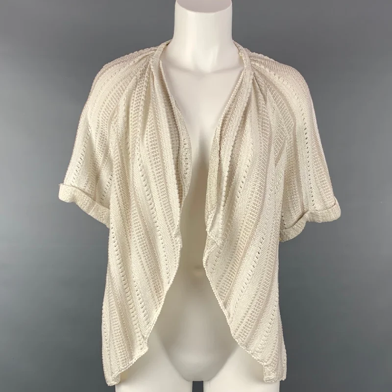 ELIE TAHARI Size XS Beige & Silver Cotton Blend Cardigan Front Pockets Side Pockets Patch Pockets ELIE TAHARI Size XS Beige & Silver Cotton Blend Cardigan Front Pockets Side Pockets Patch Pockets