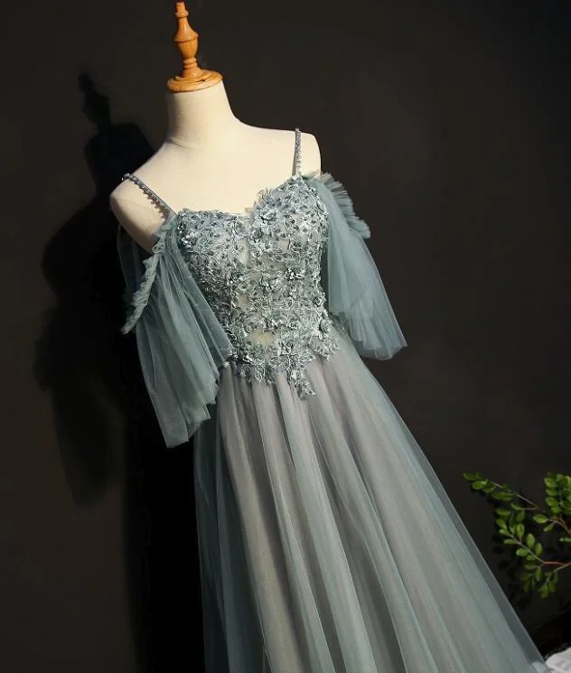 Light Green Tulle A-line Off Shoulder Party Dress, Long Prom Dress Turtleneck Neckline Stylish Light Green Tulle A-line Off Shoulder Party Dress, Long Prom Dress Turtleneck Neckline Stylish