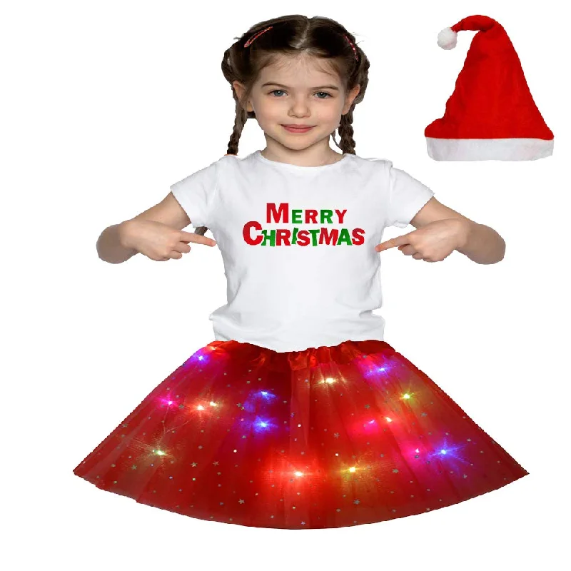 Christmas T_Shirt and Tutu Led Skirt with X-Mas Santa Cap Christmas Party Dress for Girls Tunics Short Trendy Christmas T_Shirt and Tutu Led Skirt with X-Mas Santa Cap Christmas Party Dress for Girls Tunics Short Trendy