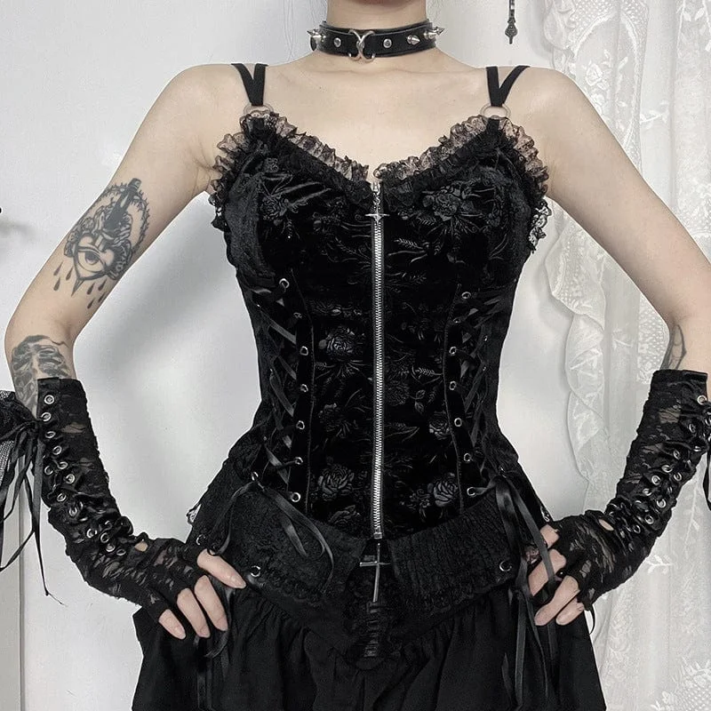 Women's Gothic Lace-up Strap Mesh Lace Tank Top vintage tank top
