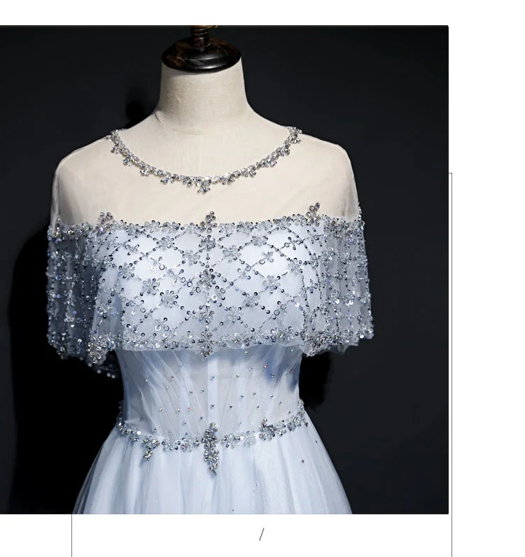 Light Blue Tulle A-line Long Party Dress, Blue Prom Dresses Crew Neckline Casual