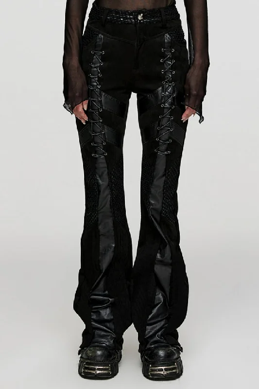 Black Metal Eyelets Faux Leather Stitching Mesh Women's Steampunk Pants Classic Straight-Leg Pants