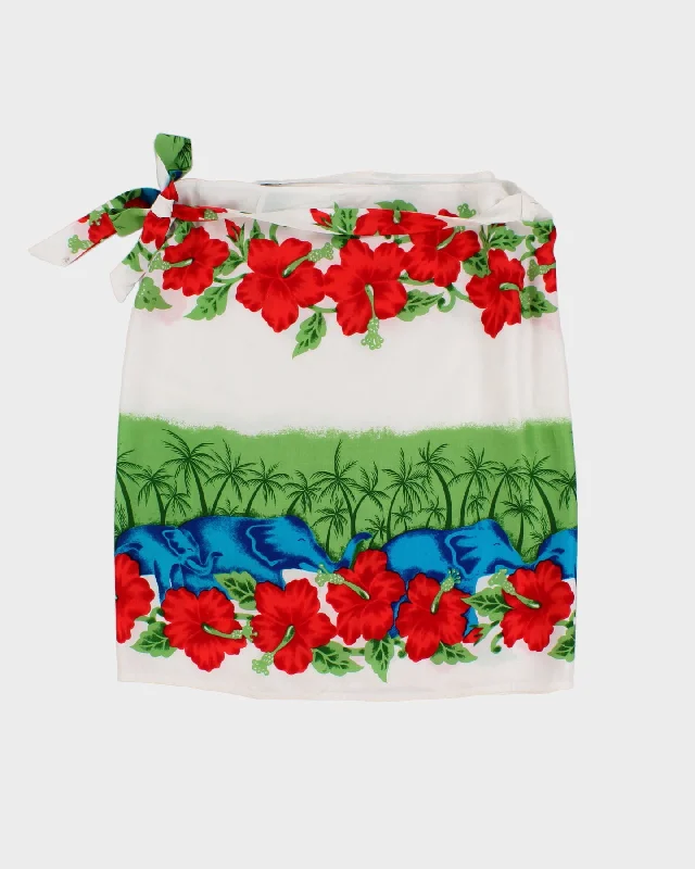 White Floral Beach Wrap Skirt - Adjustable elastic waist skirt