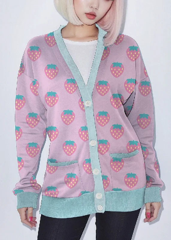 Pink Strawberry Kawaii Fleece Cardigan Ribbed Striped Patterned