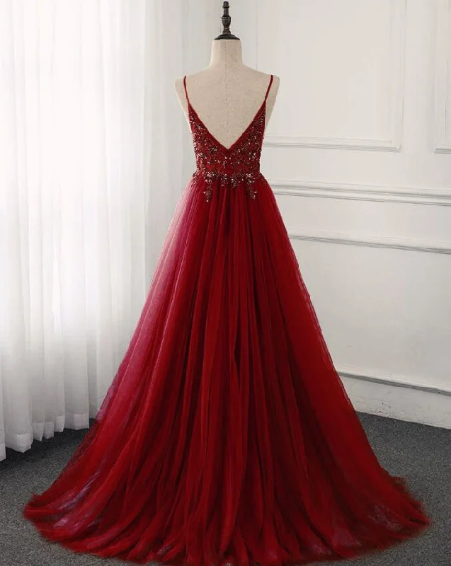 Wine Red Long Tulle V-neckline Beaded Junior Prom Dress, Dark Red Party Dress Tunics Fleece cozy Wine Red Long Tulle V-neckline Beaded Junior Prom Dress, Dark Red Party Dress Tunics Fleece cozy