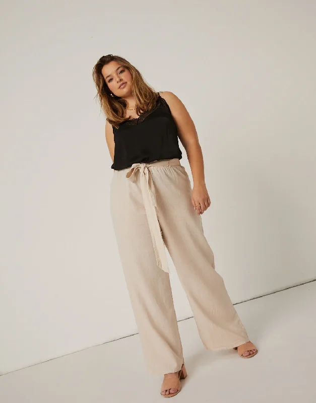 Plus Size Belted Linen Pants Comfortable Pleated Pants
