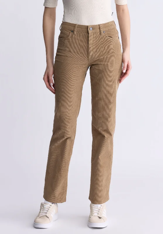Mid Rise Straight Mary Women's Pants, Rinse Washed Beige - BL16007 Cozy Maternity Pants