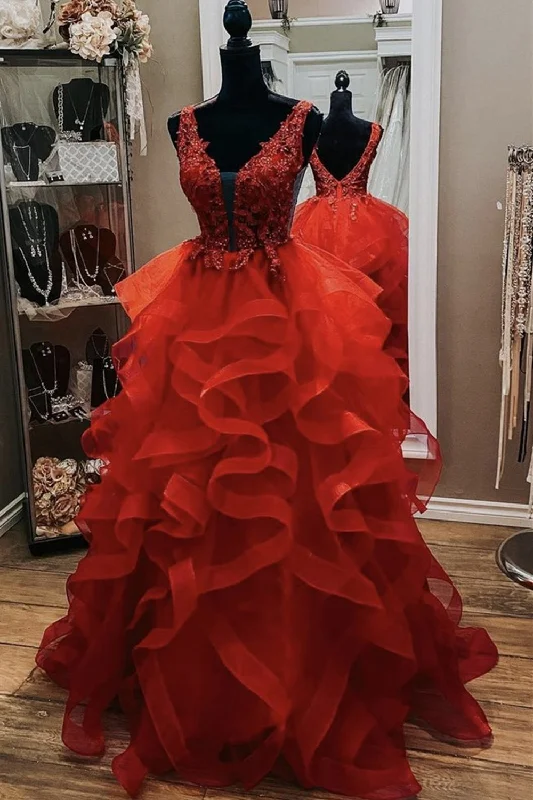 Gorgeous V Neck Open Back Red Lace Long Prom Dress,Formal Evening Dress,Red Ball Gown Party Dresses Tunics Trendy modern Gorgeous V Neck Open Back Red Lace Long Prom Dress,Formal Evening Dress,Red Ball Gown Party Dresses Tunics Trendy modern
