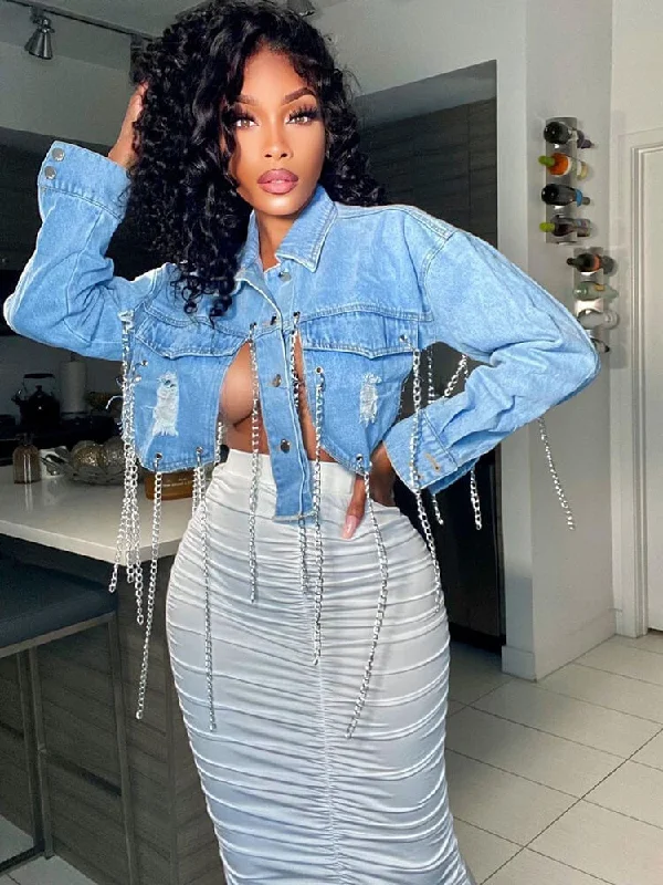 Long Sleeve Chain Patchwork Backless Denim Jackets Bomber Jacket Anorak Windbreaker