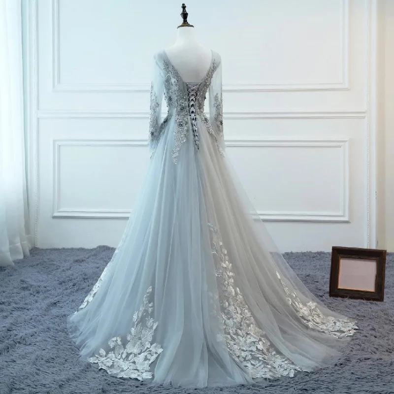 Light Grey Tulle Long Sleeves A-line Prom Dress, Grey Party Dress Formal Dress Tunics Satin smooth Light Grey Tulle Long Sleeves A-line Prom Dress, Grey Party Dress Formal Dress Tunics Satin smooth