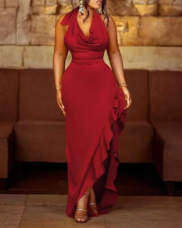 HALTER COWL NECK RUFFLES SLIT BACKLESS PARTY DRESS Tunics Denim casual