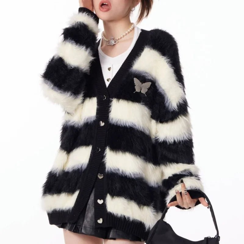 Fairycore Black and White Striped Cardigan Houndstooth Herringbone Solid
