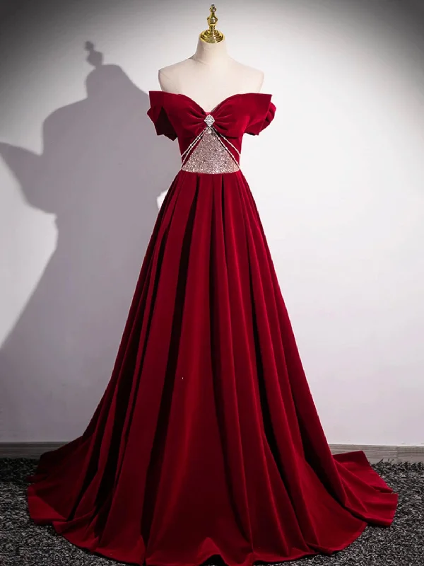 Burgundy Velvet Long Prom Dress, Off the Shoulder Evening Party Dress Tunics Seasonal trendy Burgundy Velvet Long Prom Dress, Off the Shoulder Evening Party Dress Tunics Seasonal trendy