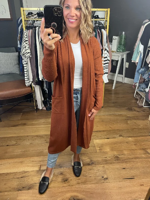 Believe In This Midi-Length Cardigan - Rust Toggled Drawstring Belted