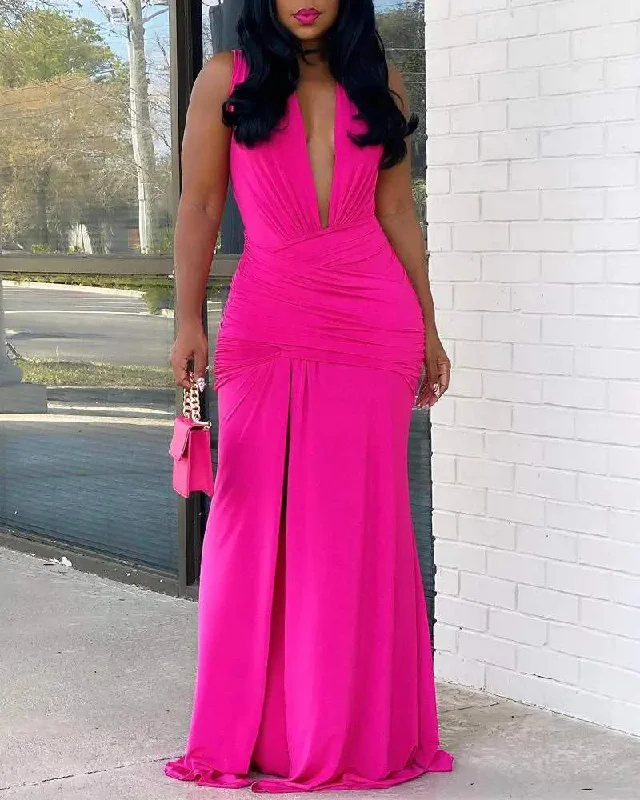 PLUNGING NECK RUCHED HIGH SLIT PARTY DRESS Tunics Ceremony elegant