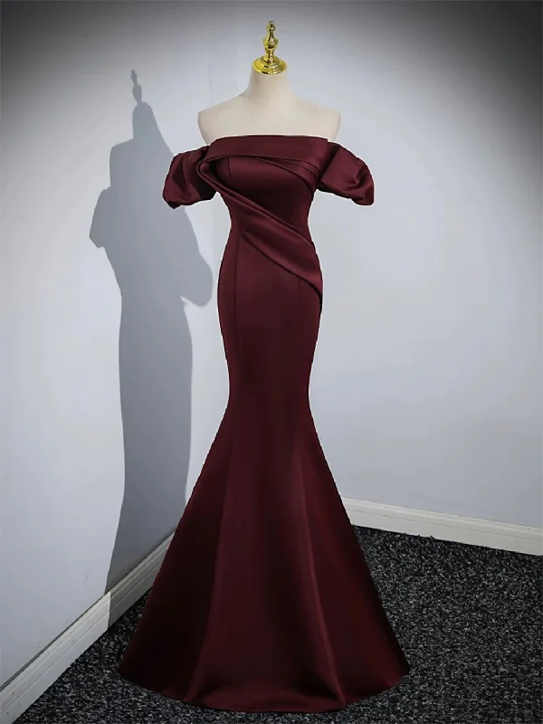 Burgundy Satin Long Prom Dress, Mermaid Off the Shoulder Evening Party Dress Tunics Stylish elegant Burgundy Satin Long Prom Dress, Mermaid Off the Shoulder Evening Party Dress Tunics Stylish elegant