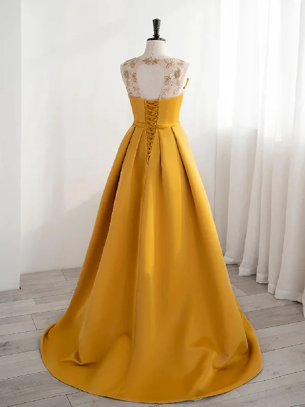 Yellow Satin Beaded Long Prom Dress with Leg Slit, Yellow A-line Party Dress Crew Neckline Sporty Yellow Satin Beaded Long Prom Dress with Leg Slit, Yellow A-line Party Dress Crew Neckline Sporty