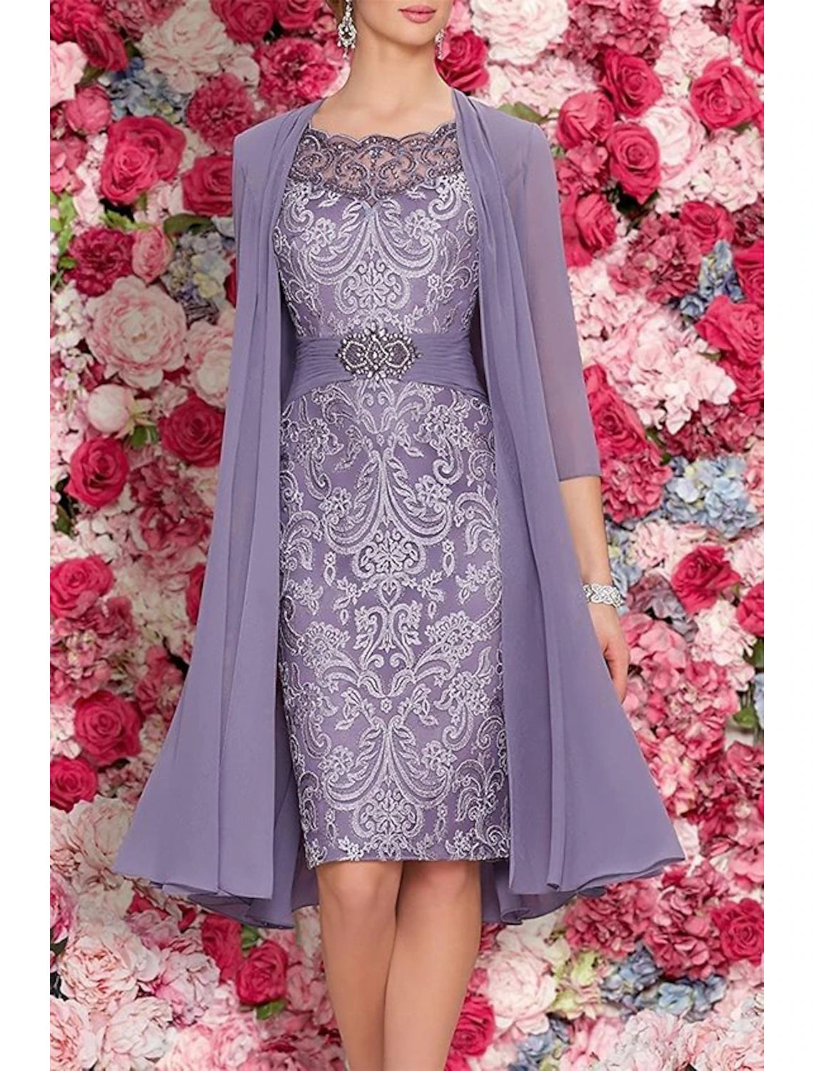 Two Piece Sheath / Column Mother of the Bride Dress Formal Wedding Guest Elegant Scoop Neck Knee Length Chiffon Lace Sleeveless Jacket Dresses with Beading Appliques Fitted Jacket Loose Jacket Oversized Jacket Two Piece Sheath / Column Mother of the Bride Dress Formal Wedding Guest Elegant Scoop Neck Knee Length Chiffon Lace Sleeveless Jacket Dresses with Beading Appliques Fitted Jacket Loose Jacket Oversized Jacket