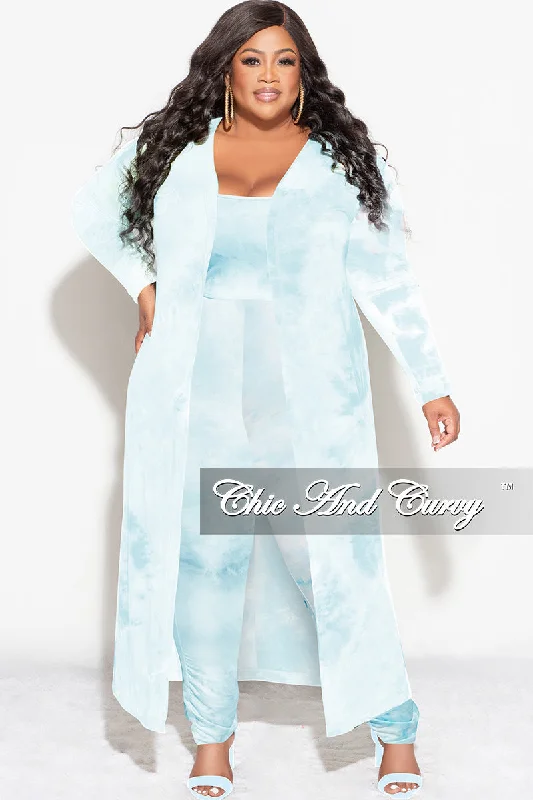 Final Sale Plus Size 3pc (Duster, Crop Tank Top & Pants) Set in Blue Cloud Print vintage tank top