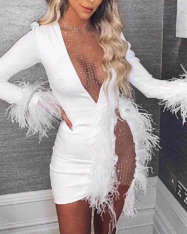 RHINESTONE PATCH SHEER MESH FEATHER TRIM PARTY DRESS Tunics Evening elegant