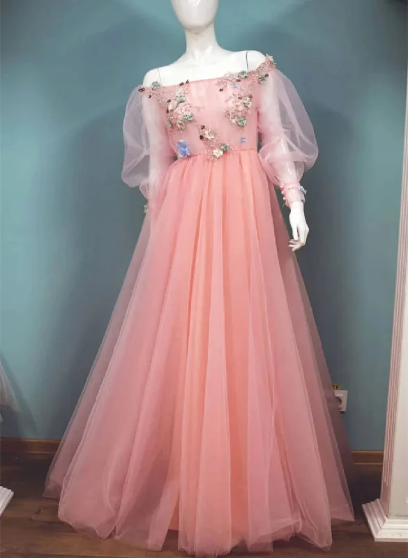 Lovely Pink Tulle Off Shoulder Sleeves Party Dress A-line Pink Long Formal Dress prom dresses shops Bodycon Fitted Nightout Lovely Pink Tulle Off Shoulder Sleeves Party Dress A-line Pink Long Formal Dress prom dresses shops Bodycon Fitted Nightout