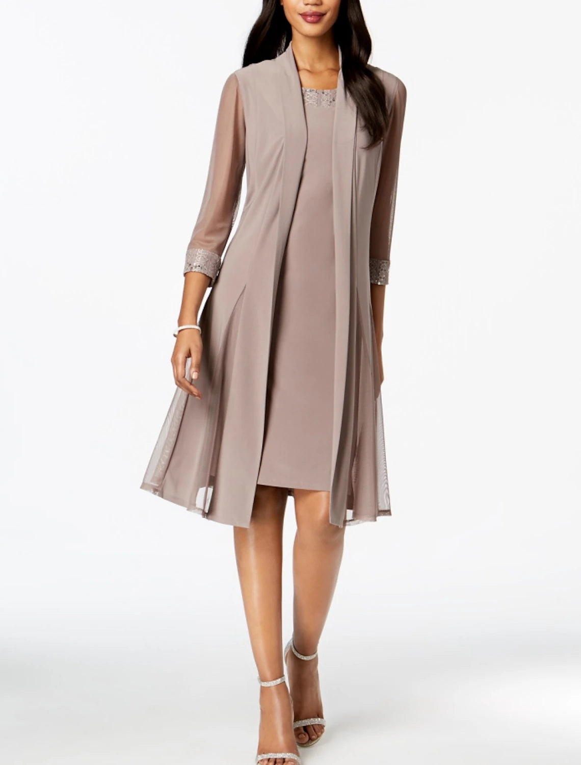 Two Piece Sheath / Column Mother of the Bride Dress Fall Wedding Guest Elegant Jewel Neck Knee Length Chiffon Sleeveless Wrap Included Jacket Dresses with Sequin Ruching Embroidered Jacket Appliqued Jacket Beaded Jacket Two Piece Sheath / Column Mother of the Bride Dress Fall Wedding Guest Elegant Jewel Neck Knee Length Chiffon Sleeveless Wrap Included Jacket Dresses with Sequin Ruching Embroidered Jacket Appliqued Jacket Beaded Jacket