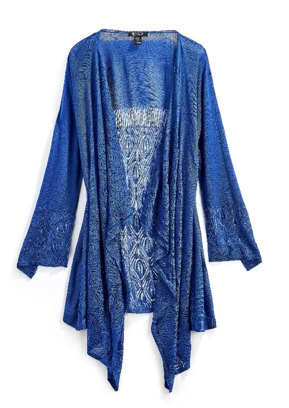 Women's Cascade Front Pointelle Open Front Long Cardigan Chenille Brocade Lace