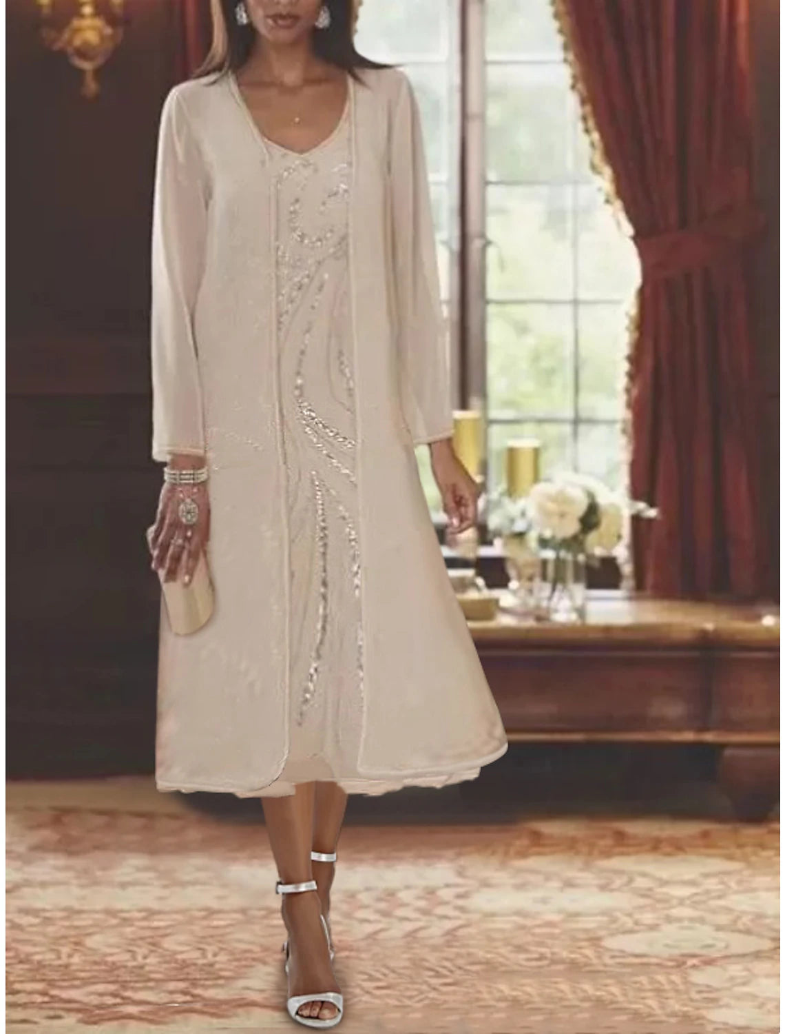 Two Piece A-Line Mother of the Bride Dress Formal Fall Wedding Guest Elegant V Neck Tea Length Chiffon Lace Sleeveless Jacket Dresses with Beading Sequin Faux Fur Jacket Real Fur Jacket Shearling Jacket