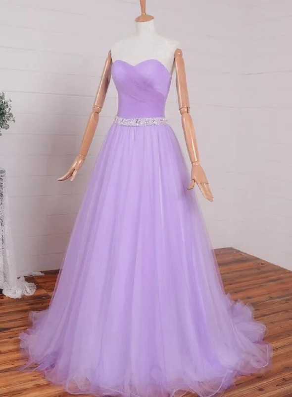 Light Purple Sweetheart Simple Beaded Waist Long Party Dress, Tulle Evening Gown Prom Dress Tunics Distressed trendy Light Purple Sweetheart Simple Beaded Waist Long Party Dress, Tulle Evening Gown Prom Dress Tunics Distressed trendy