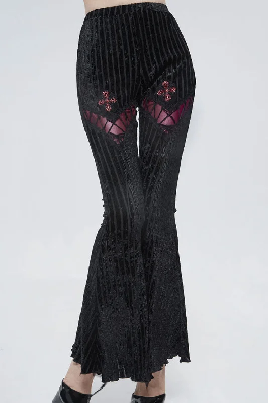 Black Gothic Striped Flocking V-Shaped Cross Lace Stitching Flared Women's Pants Comfortable Cargo Pants