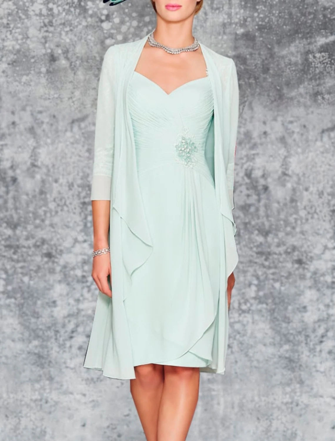 Two Piece Sheath / Column Mother of the Bride Dress Wedding Guest Church Plus Size Elegant Sweetheart Knee Length Chiffon Lace 3/4 Length Sleeve Wrap Included Jacket Dresses with Pleats Embroidery Collared Jacket Crew Neck Jacket Turtle Neck Jacket Two Piece Sheath / Column Mother of the Bride Dress Wedding Guest Church Plus Size Elegant Sweetheart Knee Length Chiffon Lace 3/4 Length Sleeve Wrap Included Jacket Dresses with Pleats Embroidery Collared Jacket Crew Neck Jacket Turtle Neck Jacket