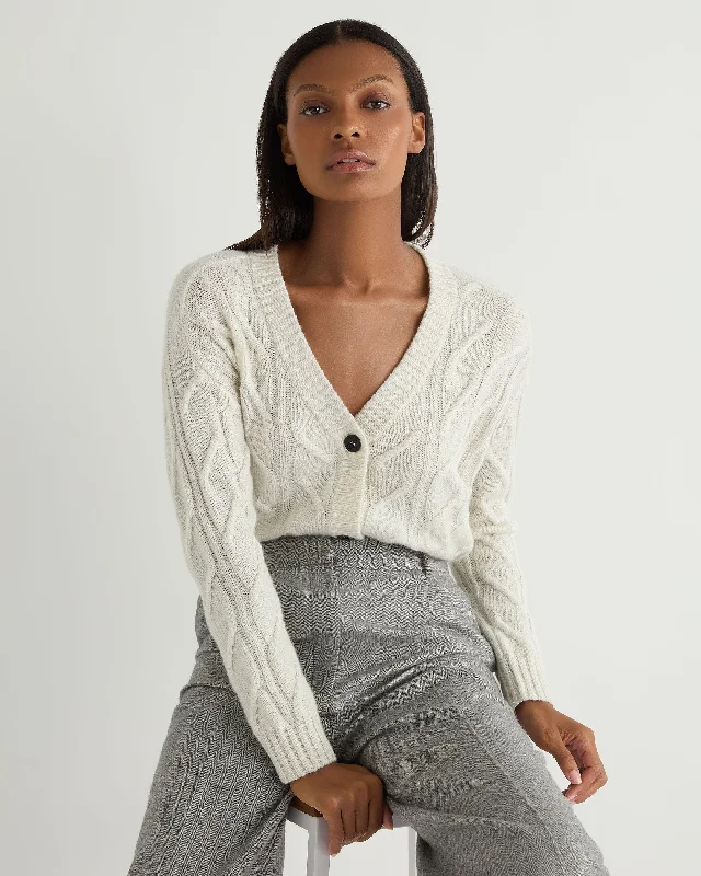 Women's V Neck Cable Cashmere Cardigan With Lurex Snow Grey Sparkle Fitted Loose Oversized Women's V Neck Cable Cashmere Cardigan With Lurex Snow Grey Sparkle Fitted Loose Oversized