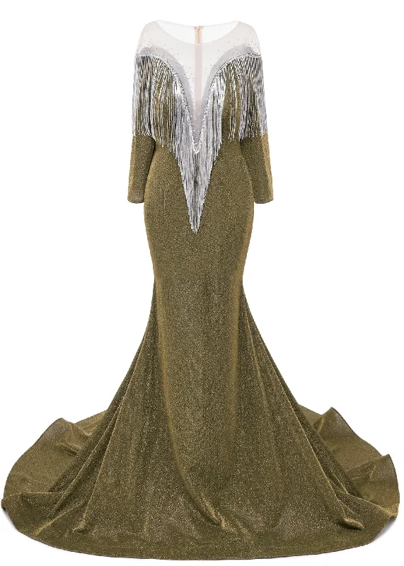 Deep V-neck Shiny Khaki Prom Dresses Long sleeves Mermaid Evening Party Dresses Tunics Custom made Deep V-neck Shiny Khaki Prom Dresses Long sleeves Mermaid Evening Party Dresses Tunics Custom made