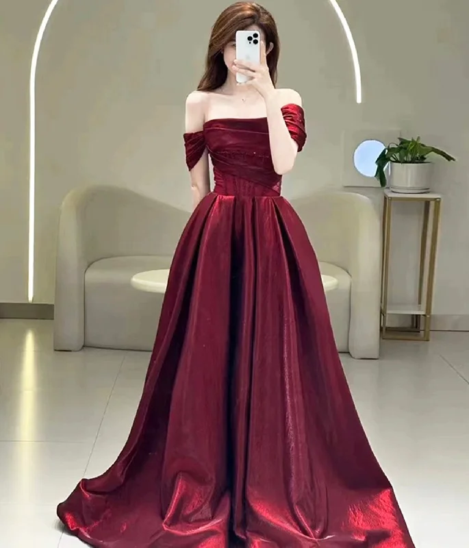 Burgundy Satin Long Prom Dress, Off the Shoulder Evening Party Dress Tunics Stylish modern Burgundy Satin Long Prom Dress, Off the Shoulder Evening Party Dress Tunics Stylish modern