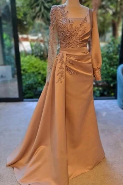 Elegant Long Sleeves Prom Dress Floral Evening Party Dress with Side Sweep Train Tunics Handmade artisanal Elegant Long Sleeves Prom Dress Floral Evening Party Dress with Side Sweep Train Tunics Handmade artisanal