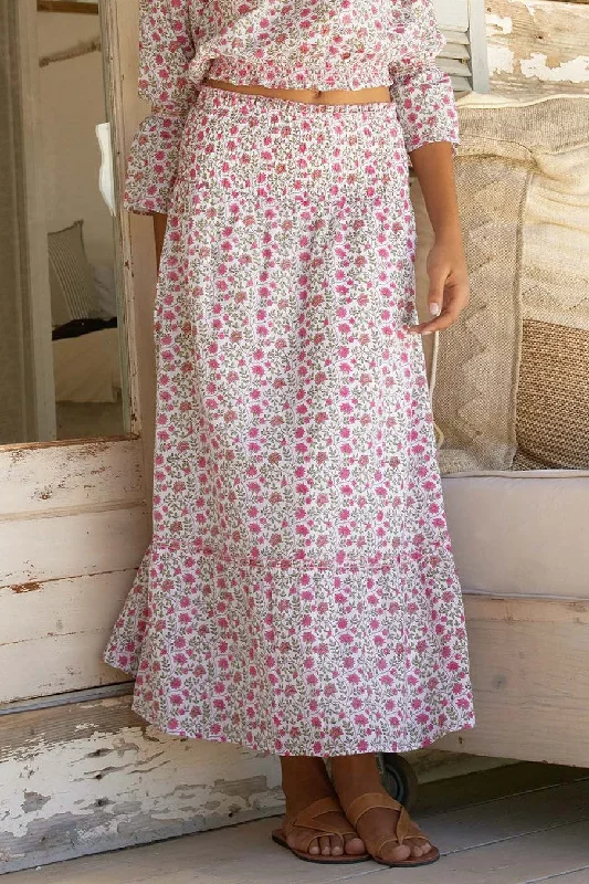 Fiona Block Print Skirt | White/Pink silk skirt luxurious