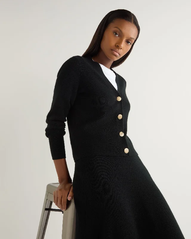 Women's Rib V Neck Cashmere Cardigan Black Fleece Cardigan Nylon Polyester