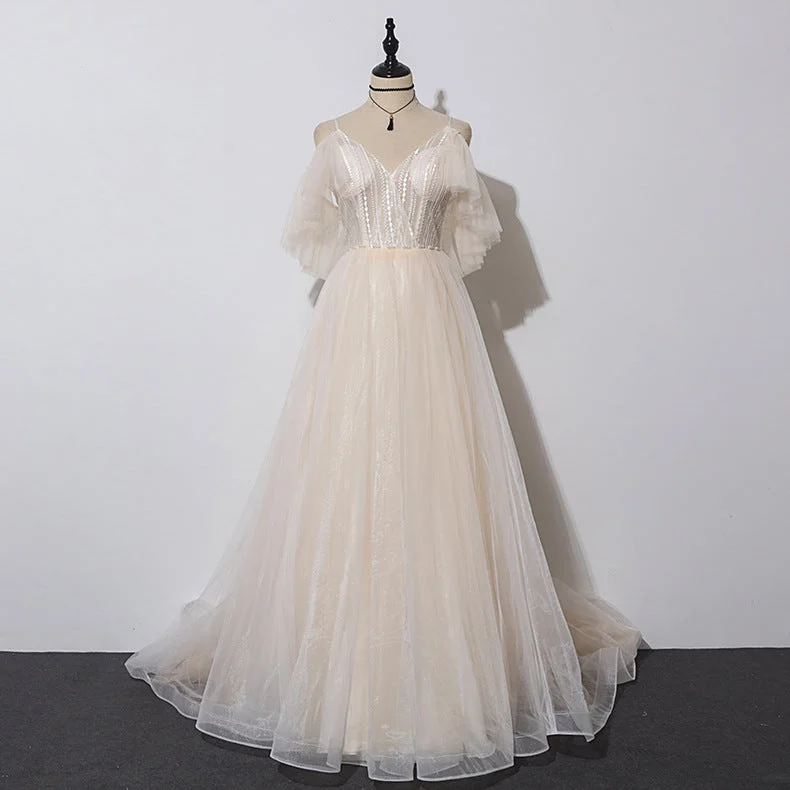 Ivory Tulle V-neckline Straps Off Shoulder Long Evening Dress, A-line Prom Dress Party Dress Tunics Vintage classic Ivory Tulle V-neckline Straps Off Shoulder Long Evening Dress, A-line Prom Dress Party Dress Tunics Vintage classic