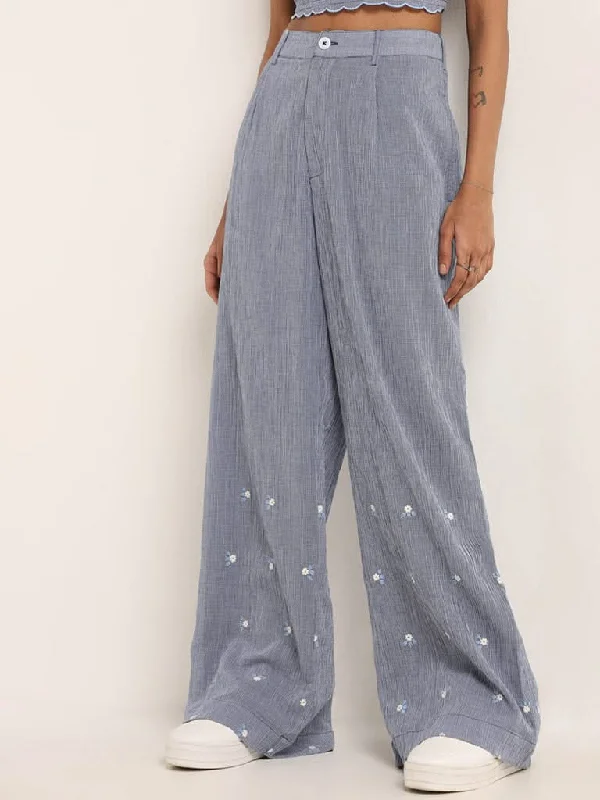 Bombay Paisley Blue Embroidered Wide-Leg High Rise Pants Relaxed High-Waist Trousers