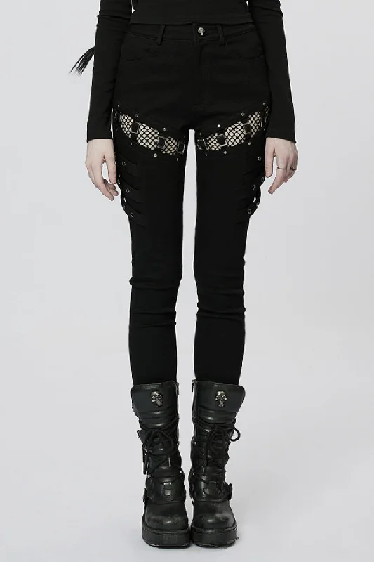 Black Stitching Slim Mesh Buckles Metal Hardware Women's Steampunk Pants Comfortable Wide-Leg Pants