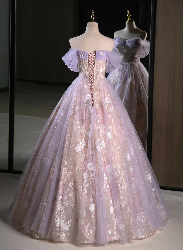Light Purple A-line Tulle with Floral Long Prom Dress, Light Purple Evening Dress Party Dress Tunics Office stylish Light Purple A-line Tulle with Floral Long Prom Dress, Light Purple Evening Dress Party Dress Tunics Office stylish