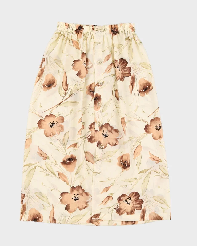 Vintage Cream & Beige Floral Button Down Skirt - M/L linen skirt airy