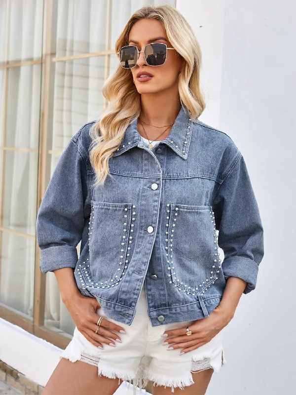 Caley Studded Long Sleeve Denim Jacket Cardigan Sweater Pullover