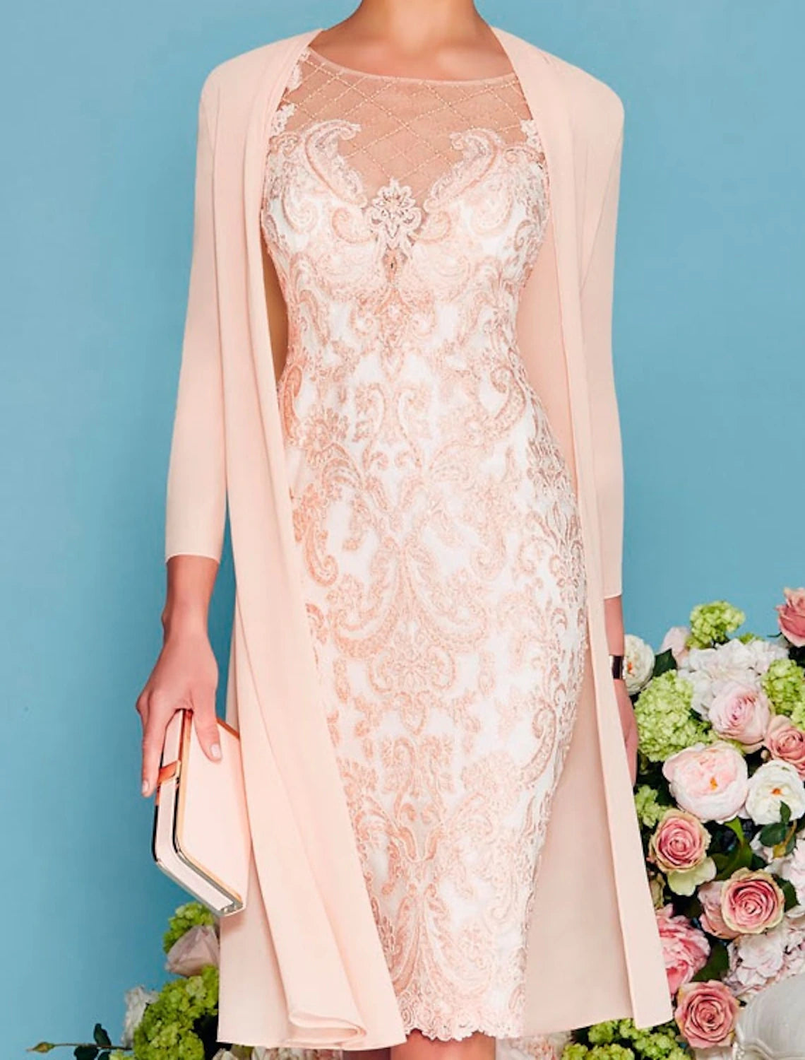 Two Piece Sheath / Column Mother of the Bride Dress Formal Wedding Guest Church Elegant Jewel Neck Knee Length Chiffon Lace 3/4 Length Sleeve Wrap Included Jacket Dresses with Beading Appliques Stand-Up Collar Roll-Neck Collar Turtle Neck Two Piece Sheath / Column Mother of the Bride Dress Formal Wedding Guest Church Elegant Jewel Neck Knee Length Chiffon Lace 3/4 Length Sleeve Wrap Included Jacket Dresses with Beading Appliques Stand-Up Collar Roll-Neck Collar Turtle Neck