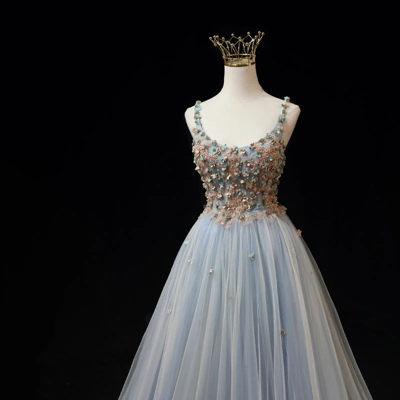 Blue Tulle with Flowers Straps Long Evening Dress, Blue Prom Party Dresses empire Waist empire Blue Tulle with Flowers Straps Long Evening Dress, Blue Prom Party Dresses empire Waist empire